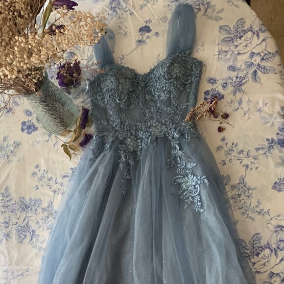 A-Line, Corset, Sparkly, Gray-Blue Prom Dress
